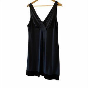 LORI M Navy V Neck Mid Length Pleated Front Dress
